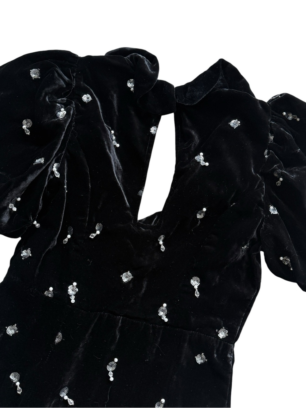 Anthropologie Maeve Black Velvet Mini Dress 2 Sequin Pearl Puff Sleeve Party - Picture 13 of 14